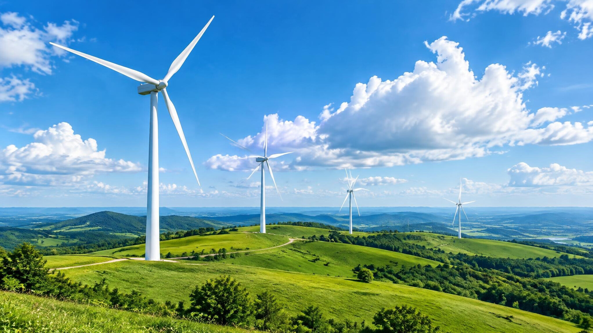 Wind turbines on green hills under a blue sky