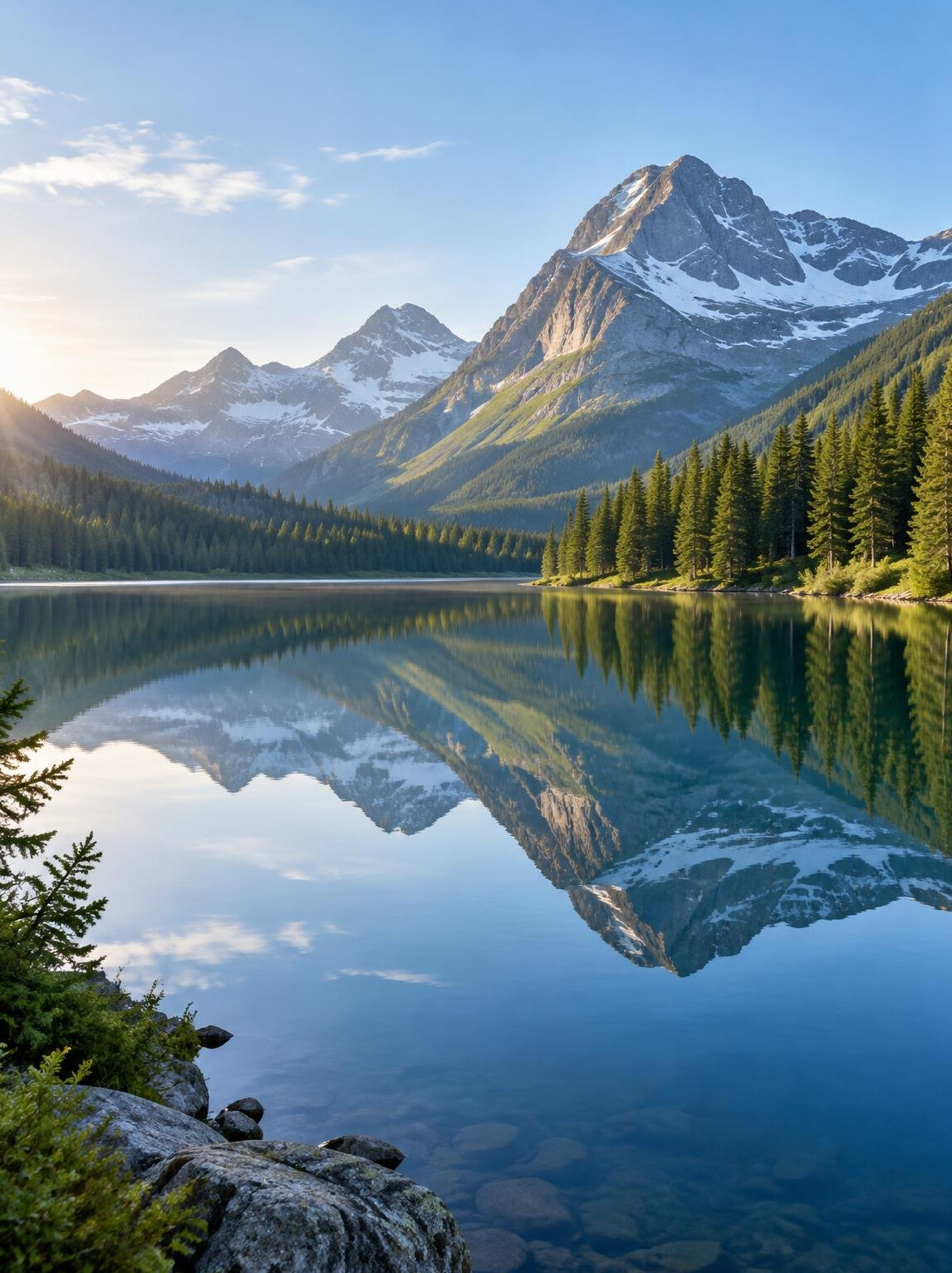Calm lake surrounded by mountains and forest