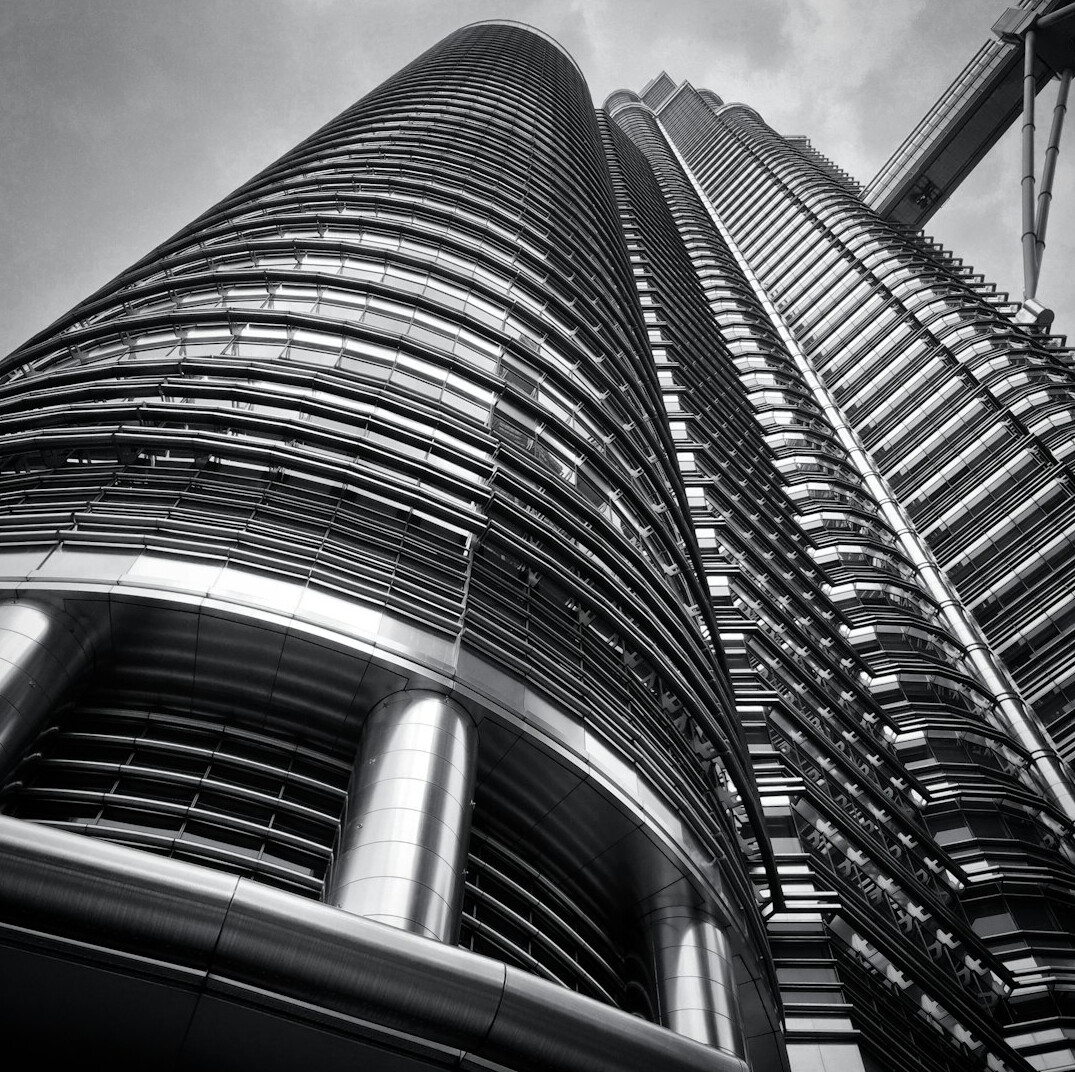 Corporate office towers seen from below